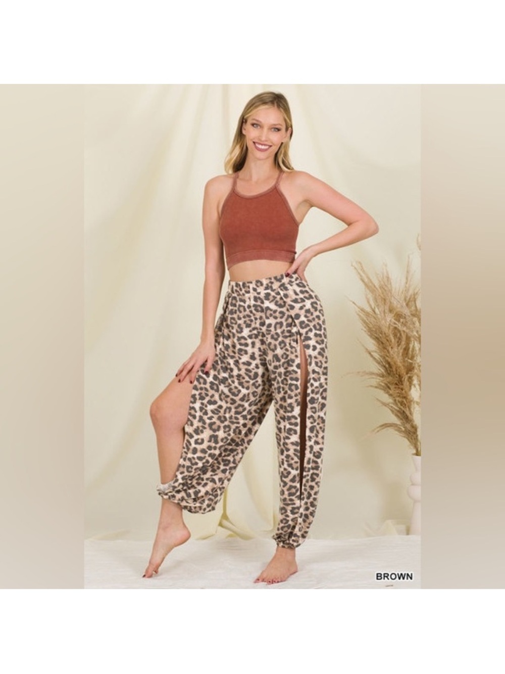 Zenana Outfitters Beige and Black Leopard Print Open-drape Pants